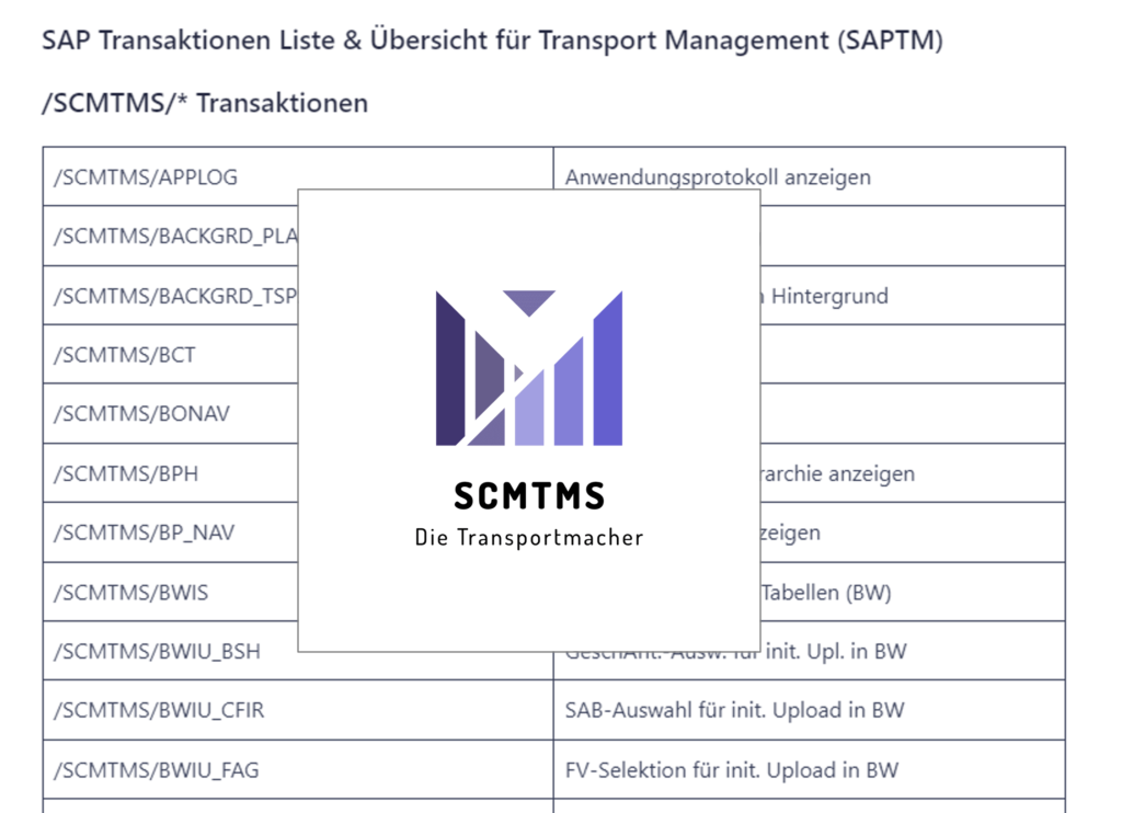 sap tm transaktionen transaction codes