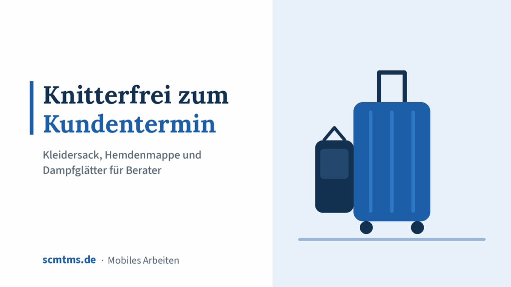 Knitterfrei zum Kundentermin: Kleidersack, Hemdenmappe und Dampfglätter für Berater – Grafik mit Koffer-Symbol